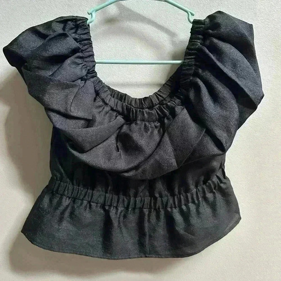 NEW Topshop Textured Bardot Crop Peplum Blouse – Black – Women’s US 8 - Picture 3 of 6